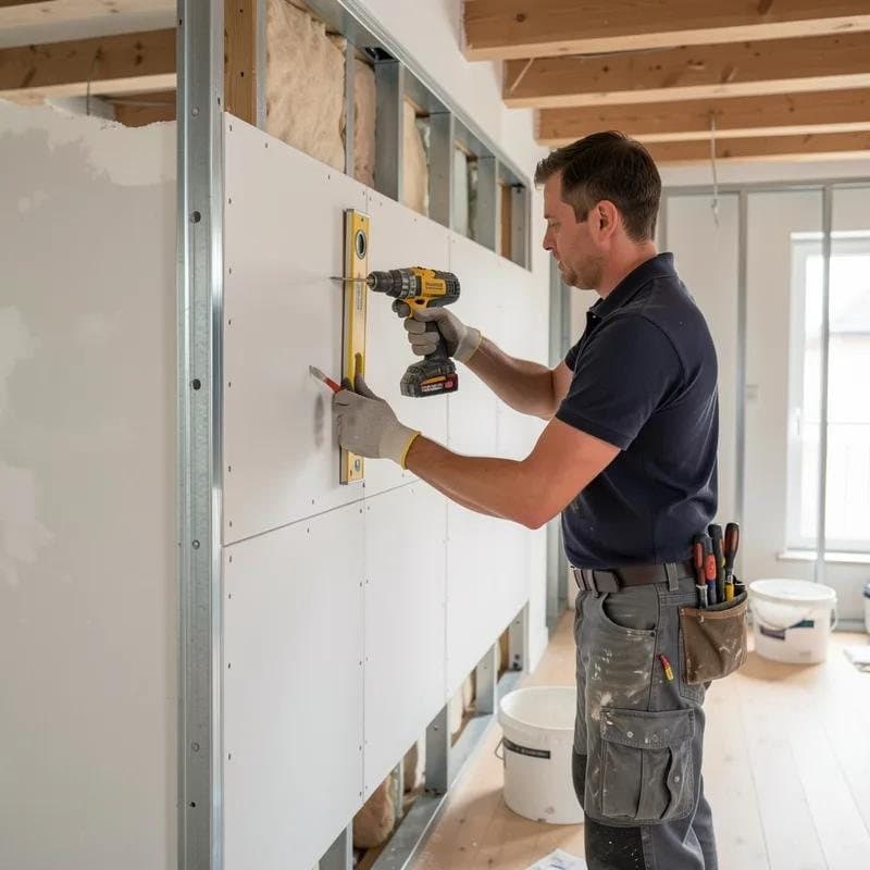 Installer fixing plasterboard to a metal stud partition