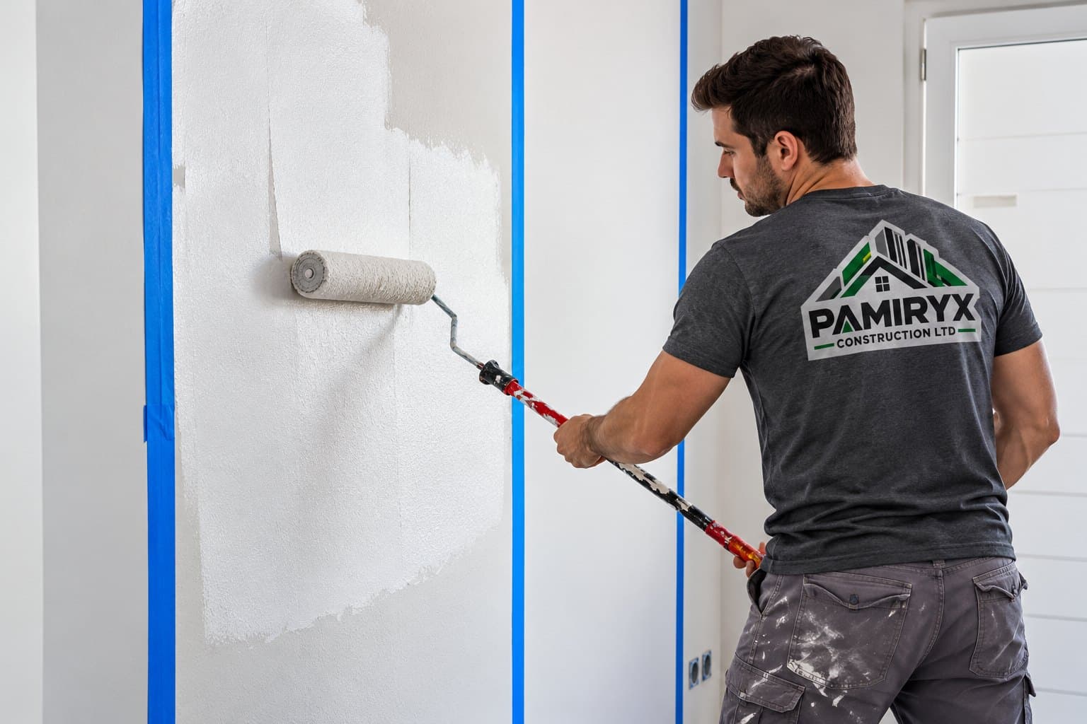 PAMIRYX decorator rolling white emulsion inside a masked wall panel