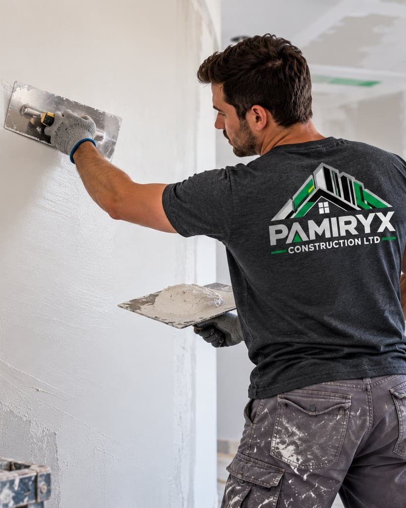 PAMIRYX plasterer applying a skim coat with a steel trowel