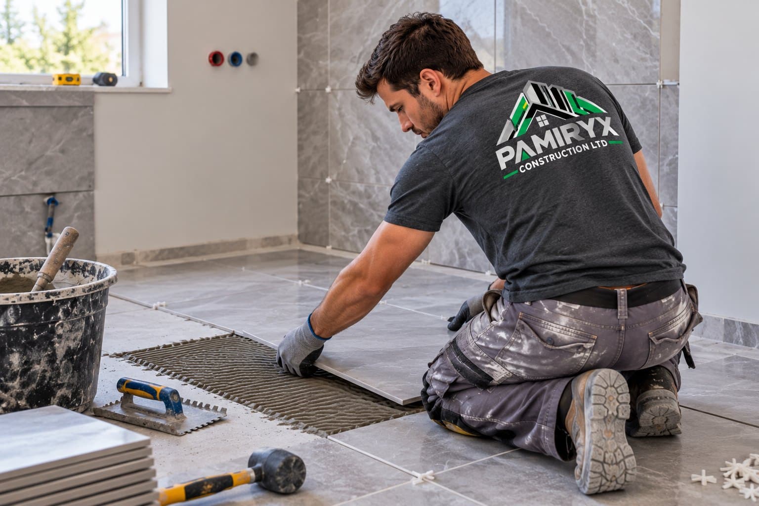 PAMIRYX tiler laying grey porcelain floor tiles